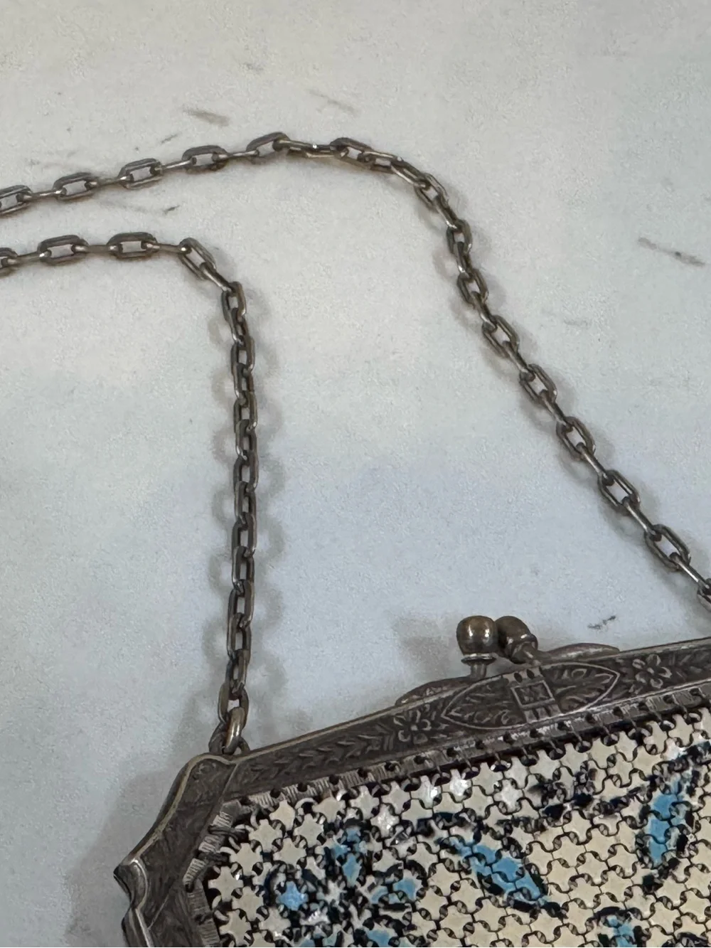 Antique Mandalian Mesh Enamel Flapper Purse Floral w/ Fringe